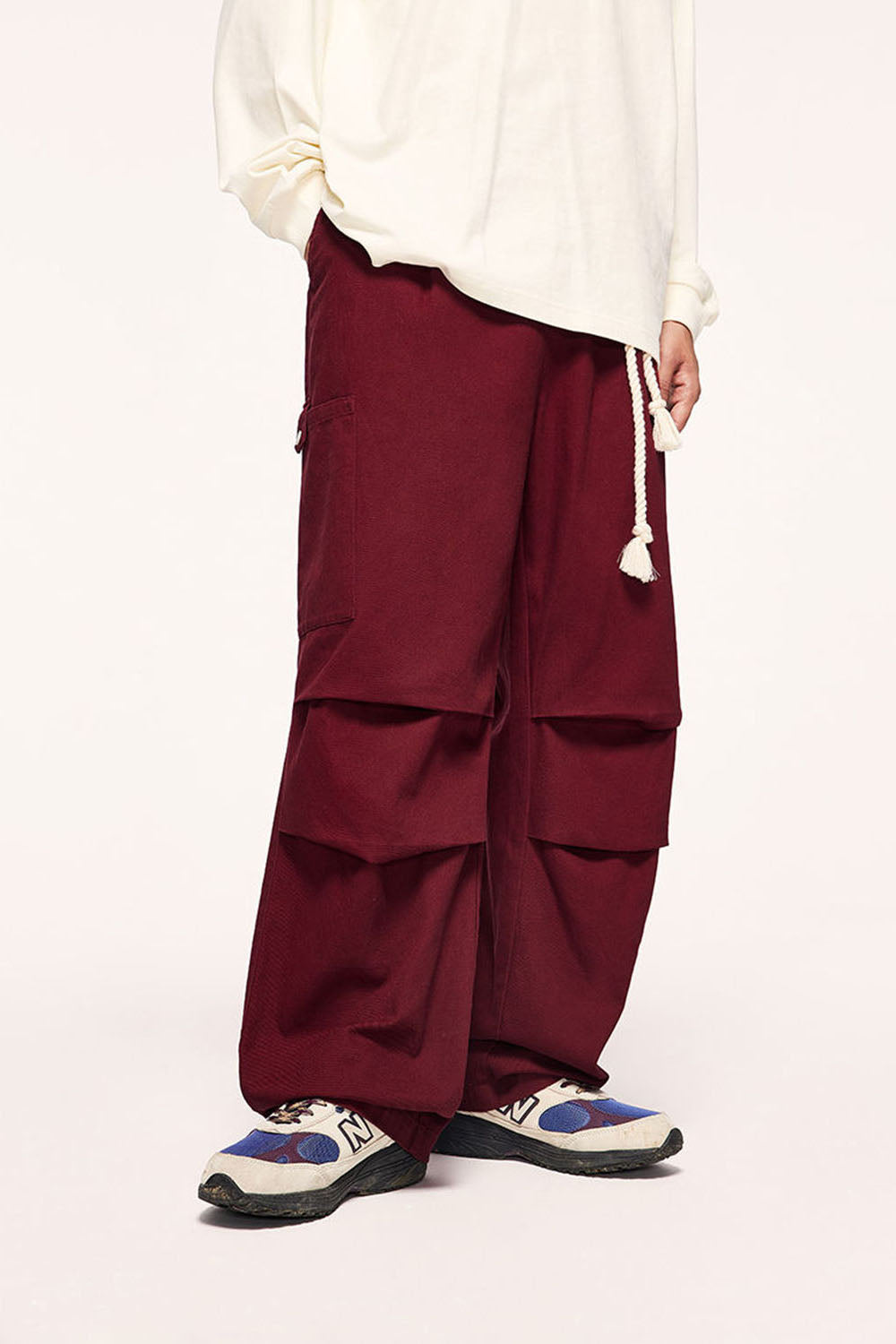 Burgundy Drawstring Wide-Leg Cargo Pants