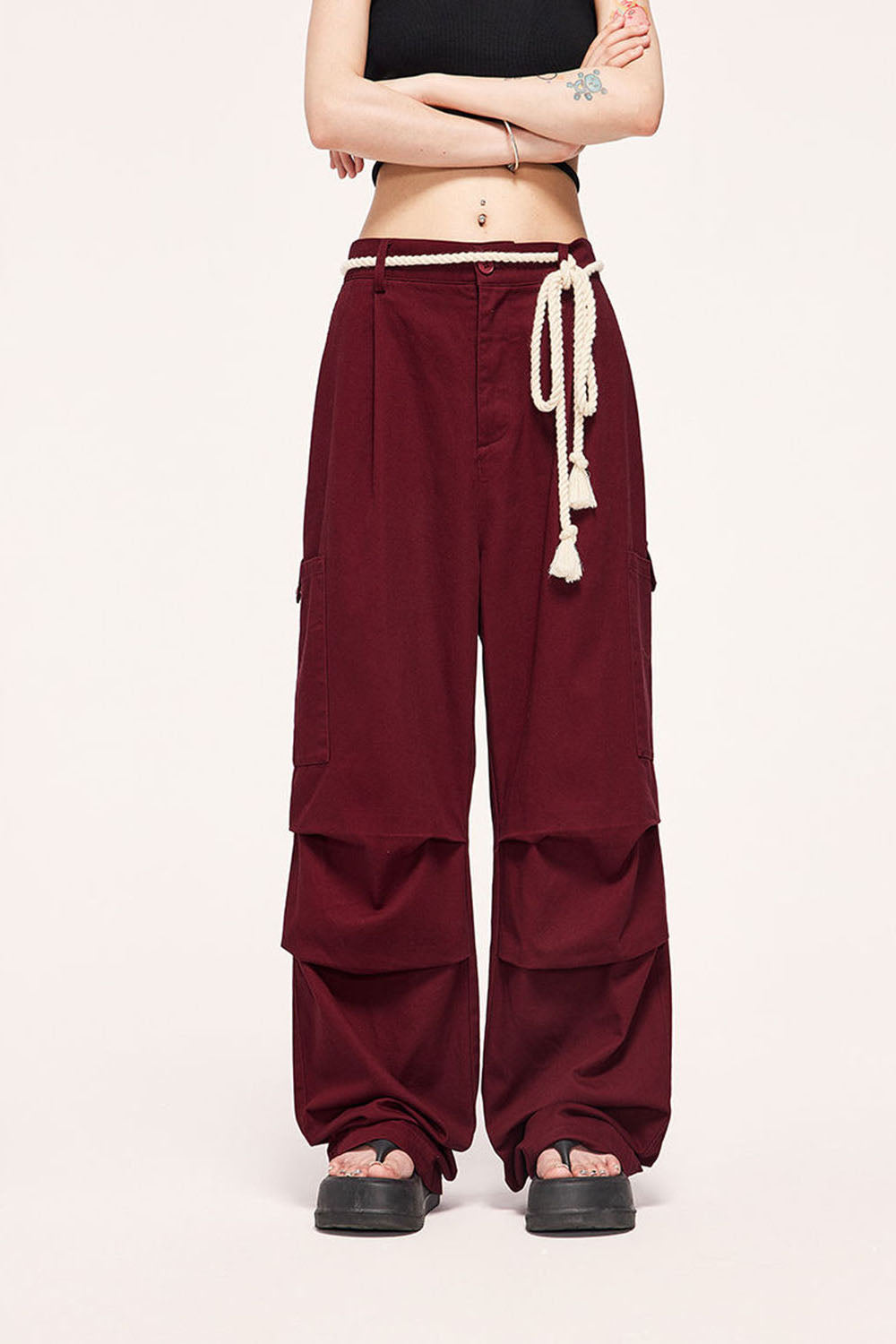 Burgundy Drawstring Wide-Leg Cargo Pants