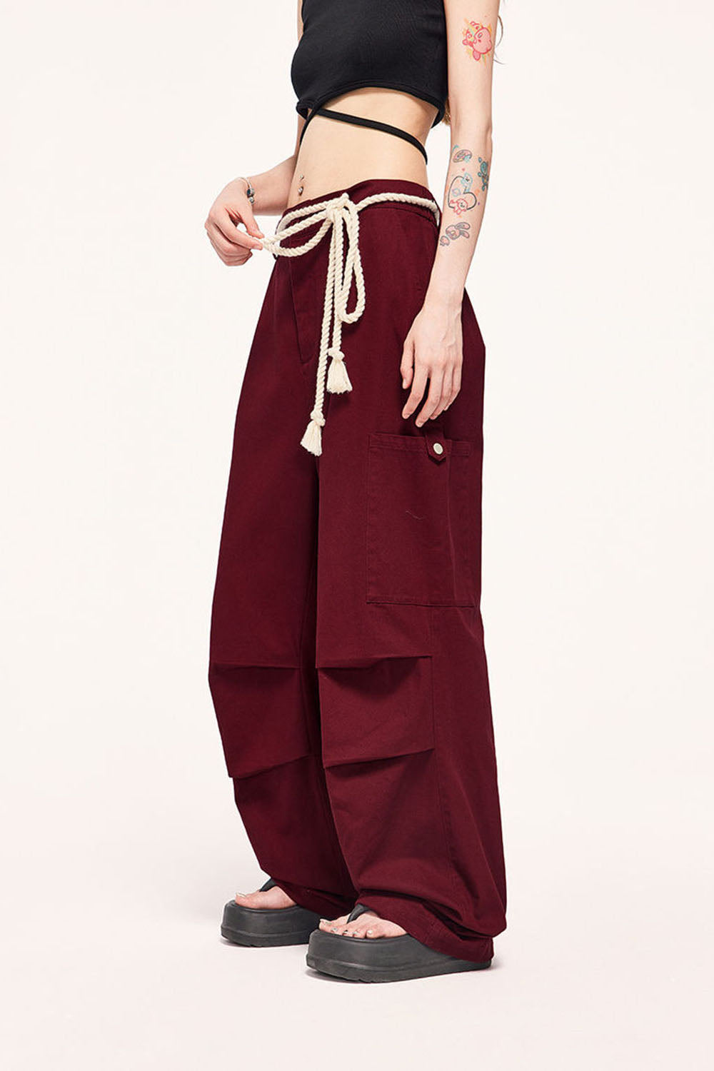 Burgundy Drawstring Wide-Leg Cargo Pants