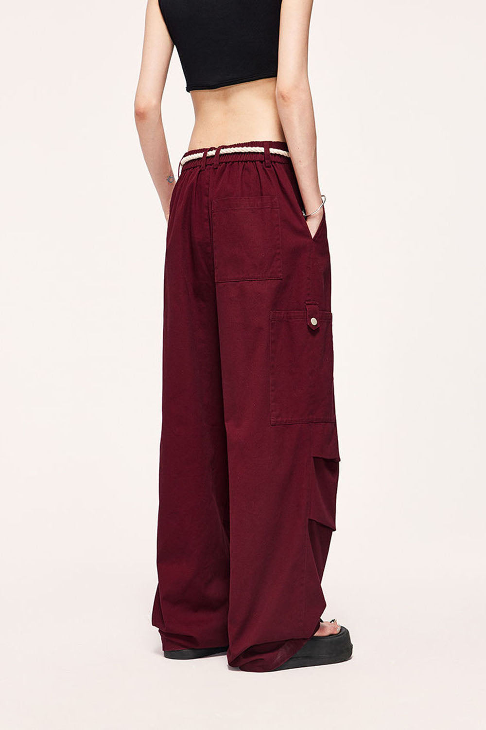 Burgundy Drawstring Wide-Leg Cargo Pants