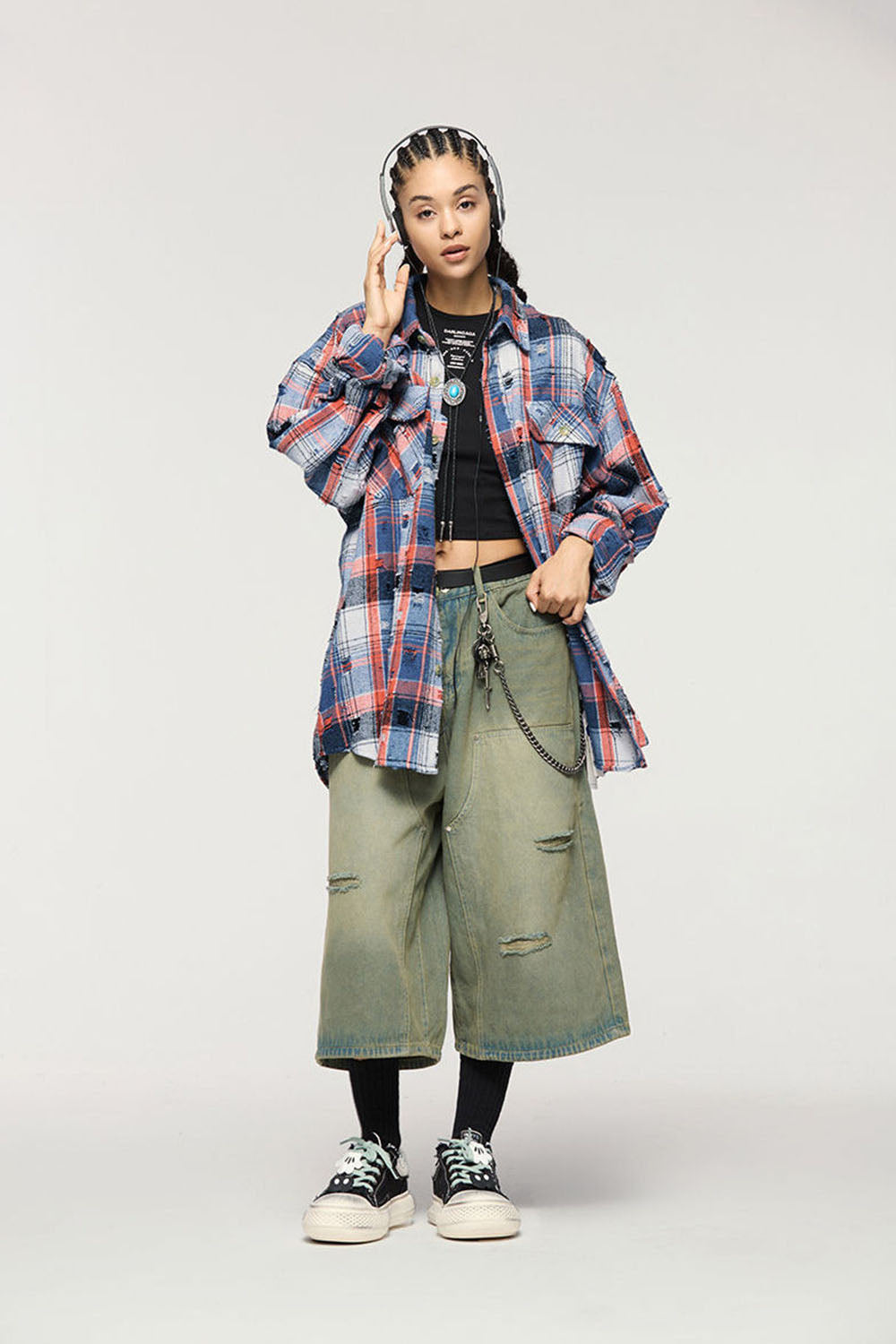 Men's Vintage Oversized Plaid Open Shirt