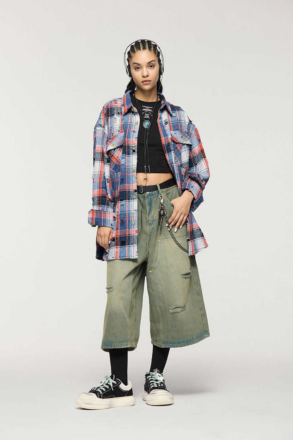 Men's Vintage Oversized Plaid Open Shirt