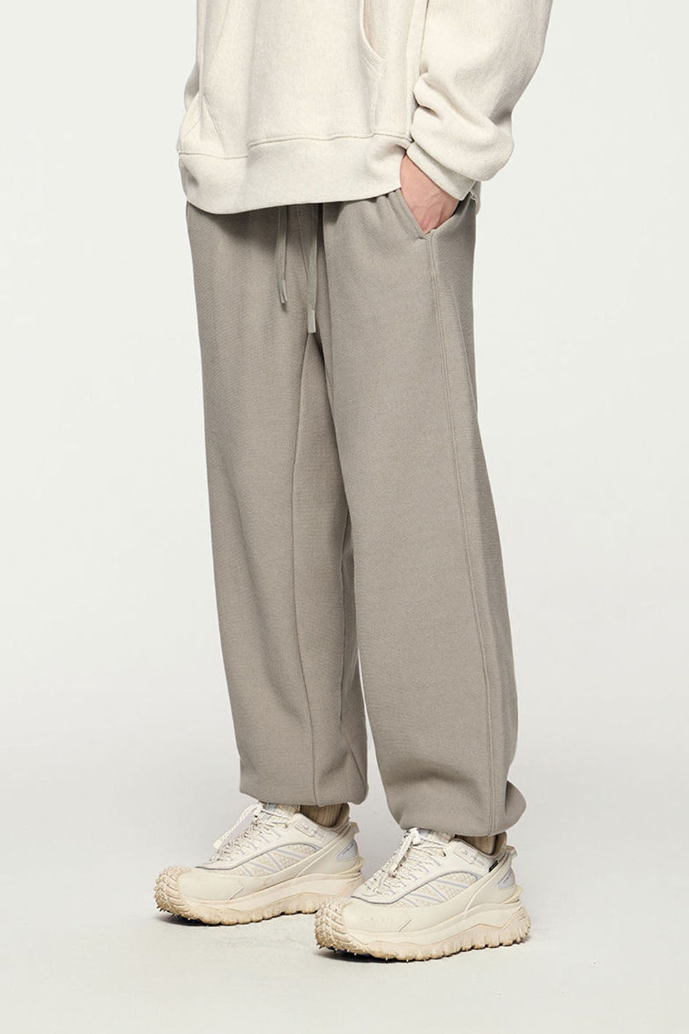 Ribbed Waist Horizontal Knit Cuffed Joggers with Fleece Lining Casual Sport Pants