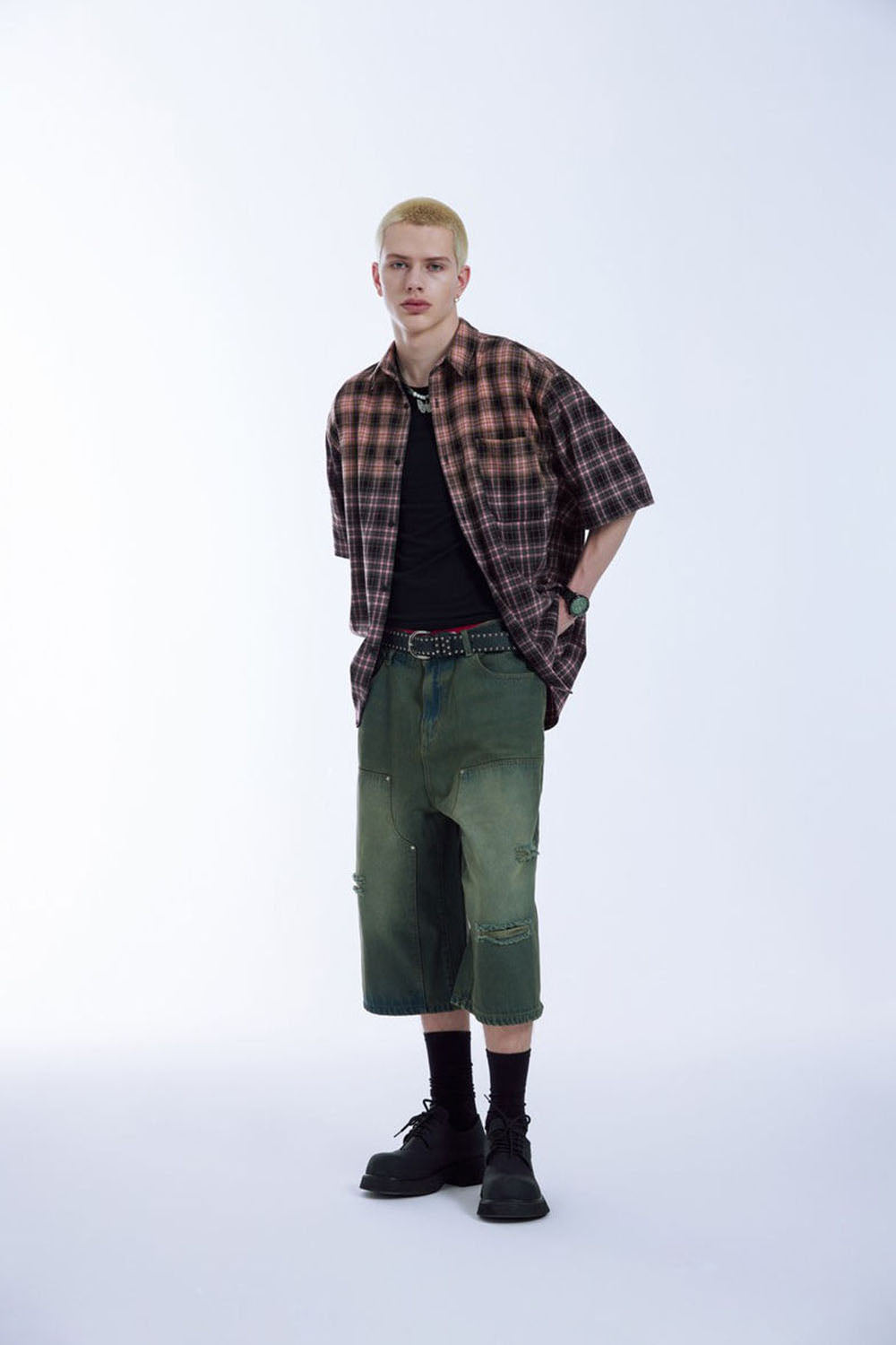 Contrast Color Gradient Plaid Shirt Loose Couple Short Sleeve Checkered Shirt