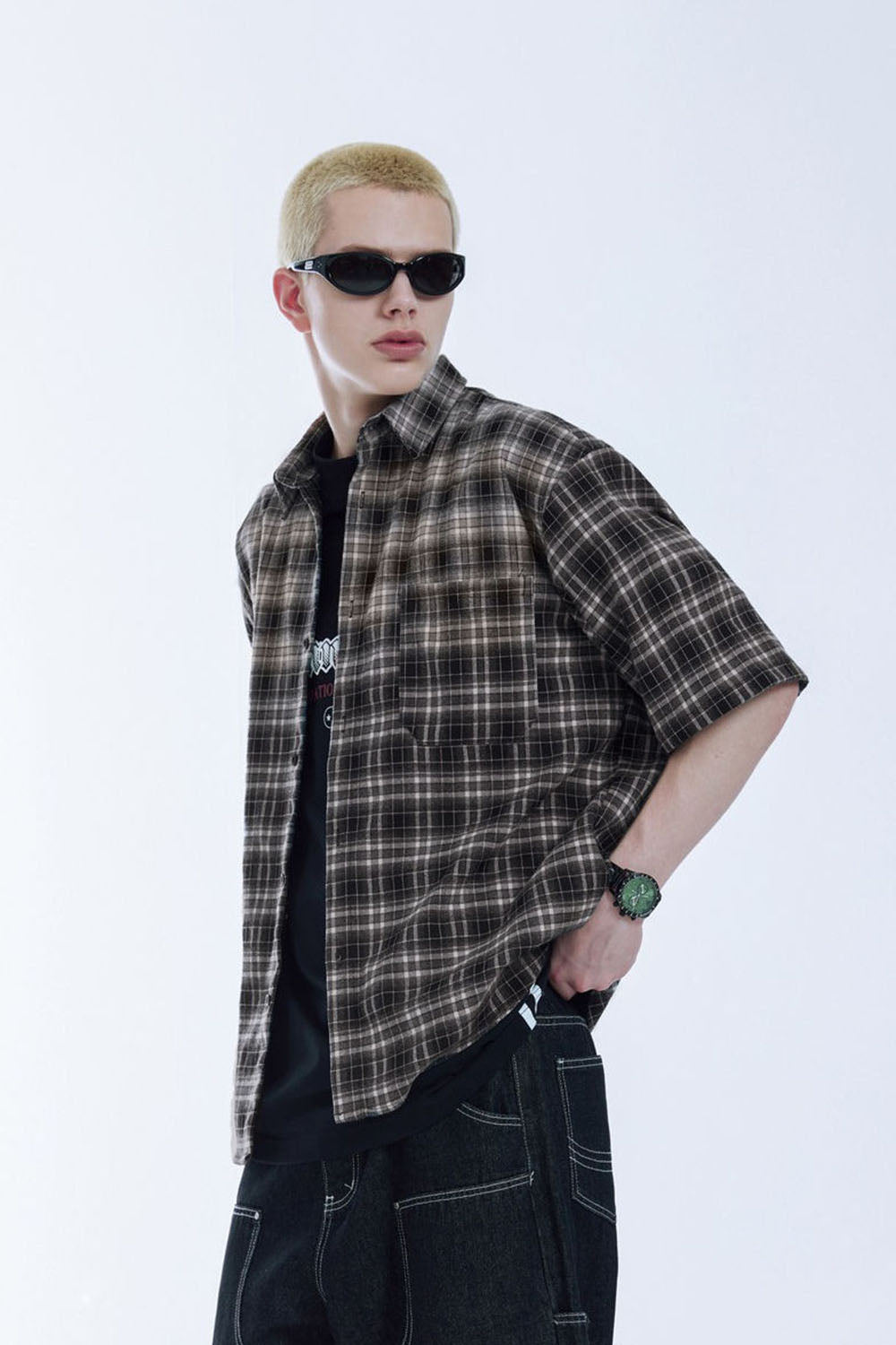 Contrast Color Gradient Plaid Shirt Loose Couple Short Sleeve Checkered Shirt