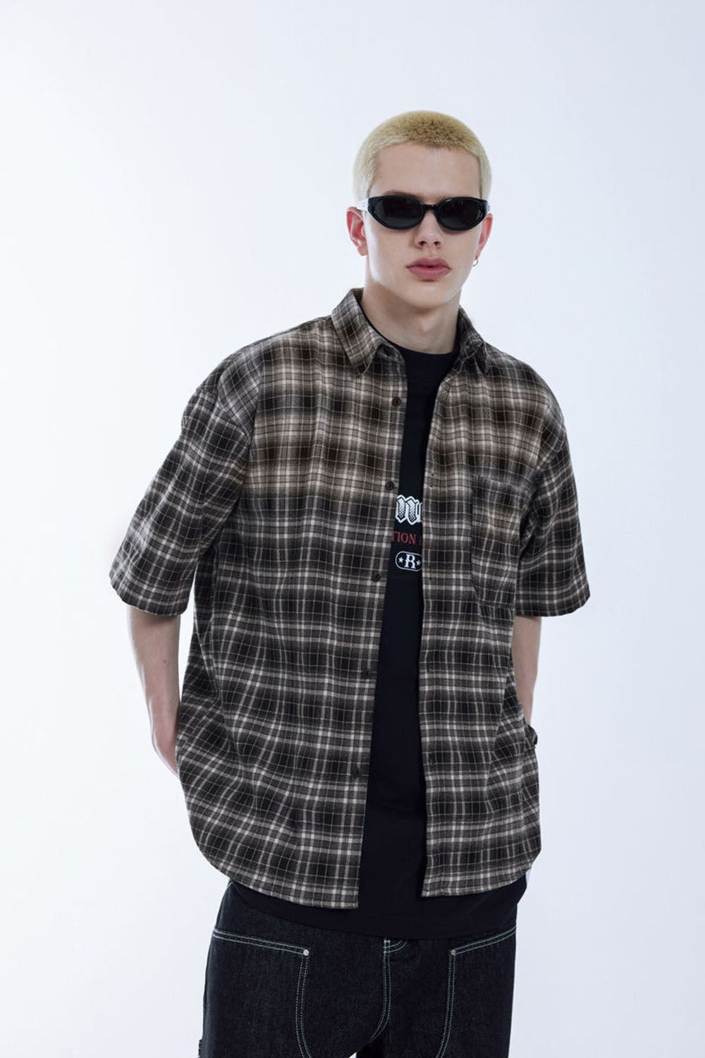 Contrast Color Gradient Plaid Shirt Loose Couple Short Sleeve Checkered Shirt