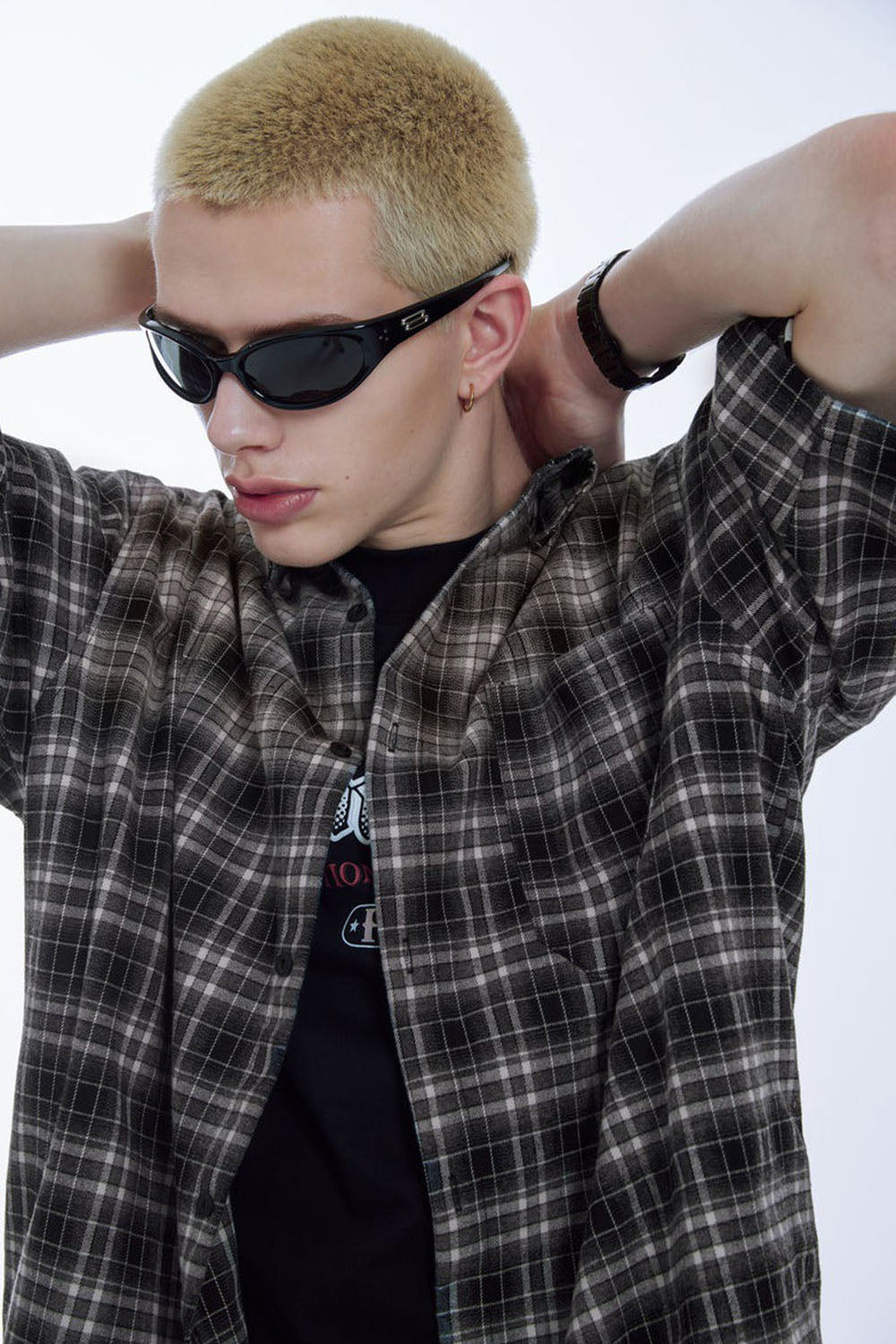 Contrast Color Gradient Plaid Shirt Loose Couple Short Sleeve Checkered Shirt