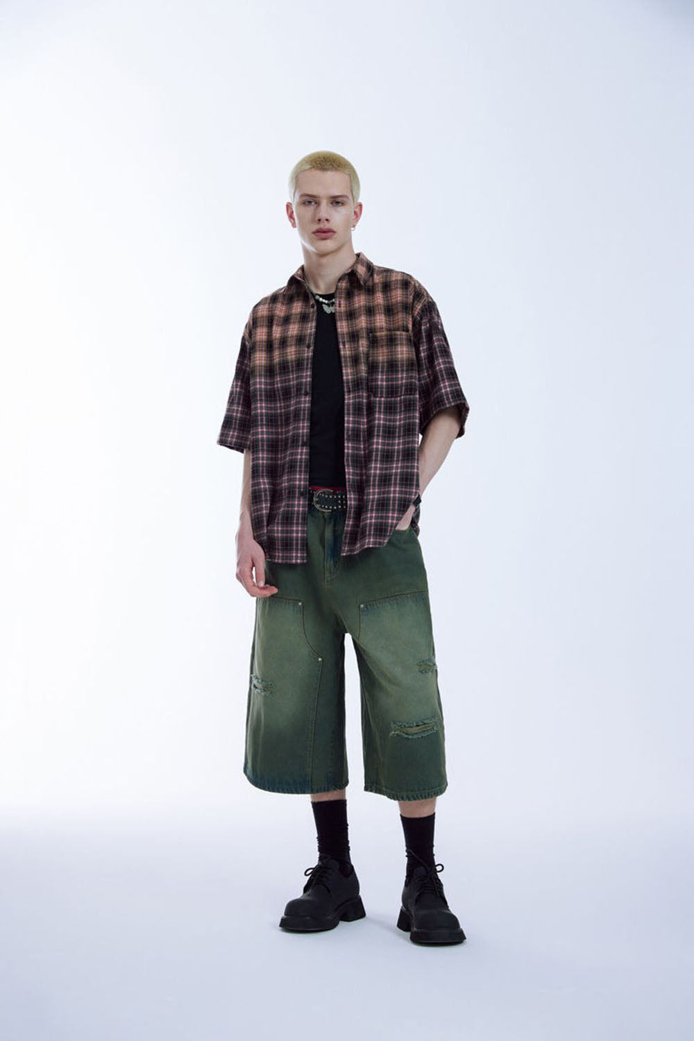 Contrast Color Gradient Plaid Shirt Loose Couple Short Sleeve Checkered Shirt