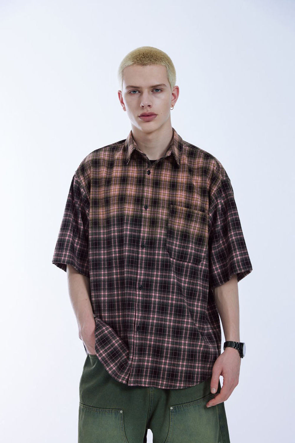 Contrast Color Gradient Plaid Shirt Loose Couple Short Sleeve Checkered Shirt