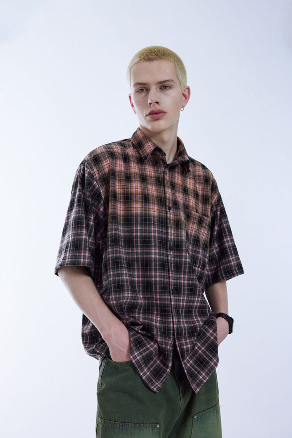 Contrast Color Gradient Plaid Shirt Loose Couple Short Sleeve Checkered Shirt