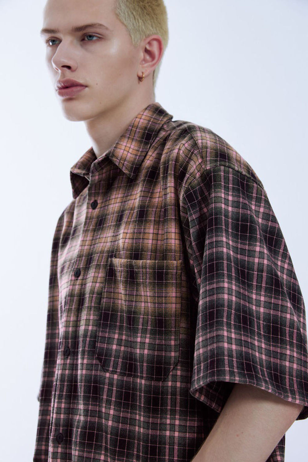 Contrast Color Gradient Plaid Shirt Loose Couple Short Sleeve Checkered Shirt