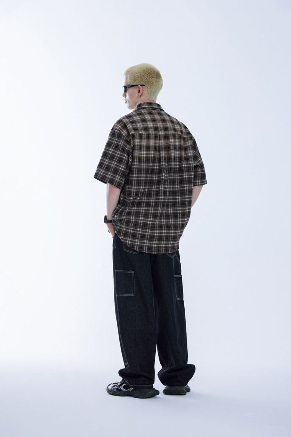 Contrast Color Gradient Plaid Shirt Loose Couple Short Sleeve Checkered Shirt