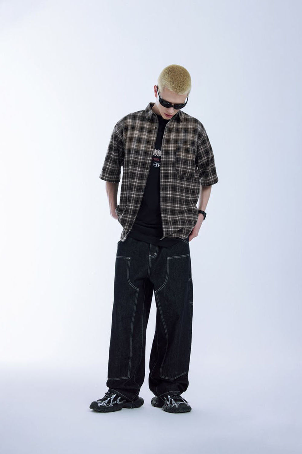 Contrast Color Gradient Plaid Shirt Loose Couple Short Sleeve Checkered Shirt