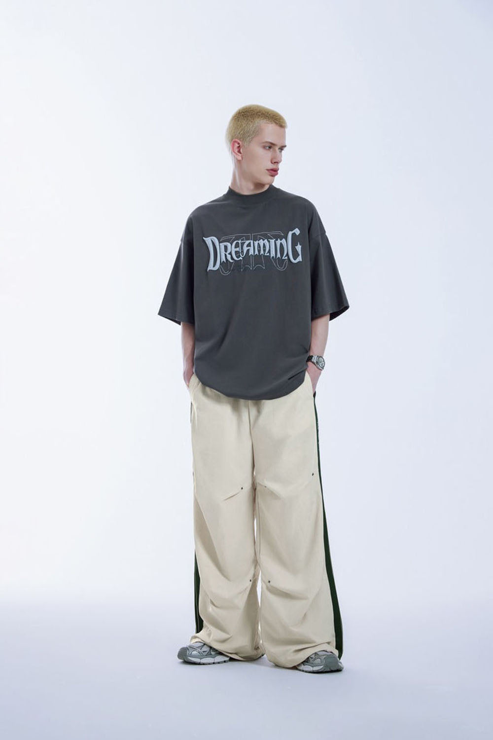 Pleated Panel Parachute Pants Vintage Casual Loose Sports Drawstring Long Pants