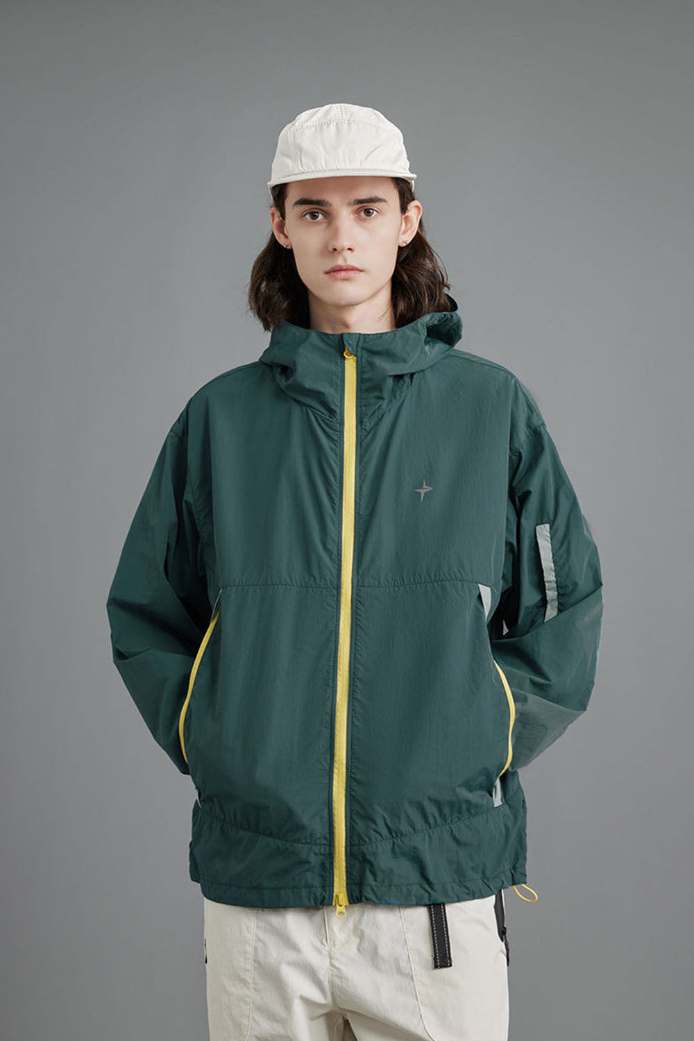 Water-Resistant Hooded Jacket with Stand Collar and Dual Zipper for Men