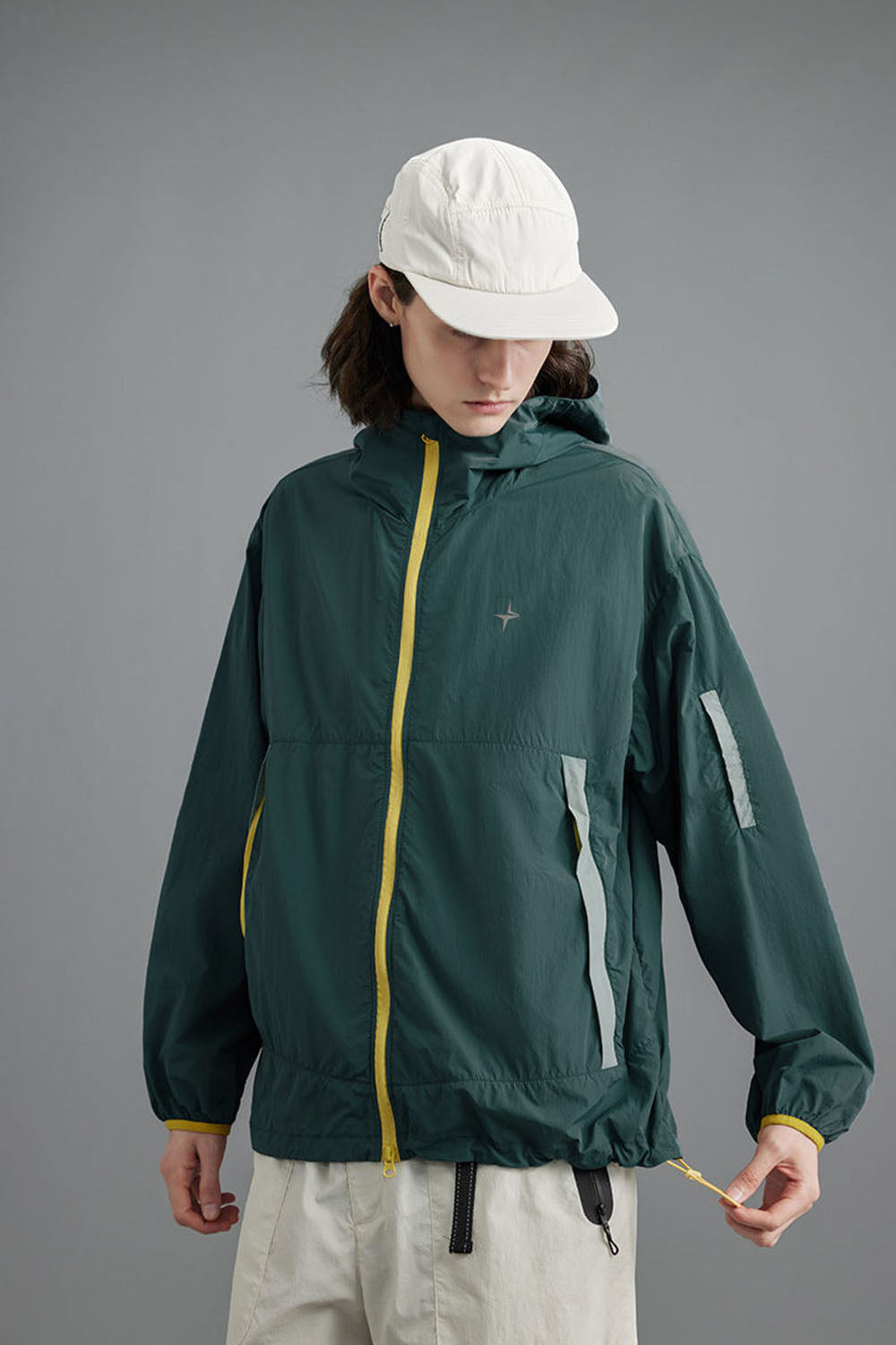 Water-Resistant Hooded Jacket with Stand Collar and Dual Zipper for Men