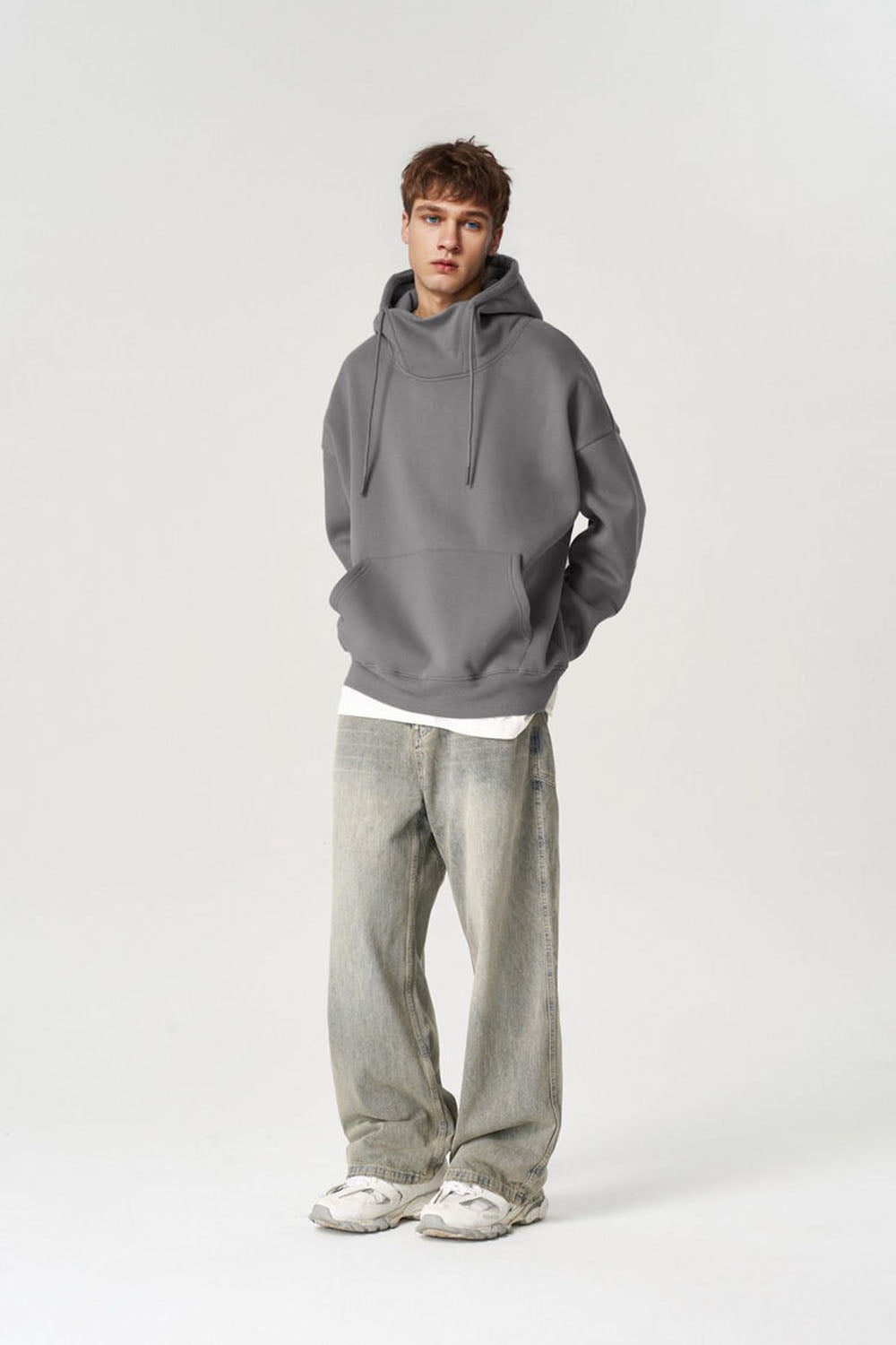 350G Plush Windproof Collar Hooded Sweatshirt with Semi-High Neck
