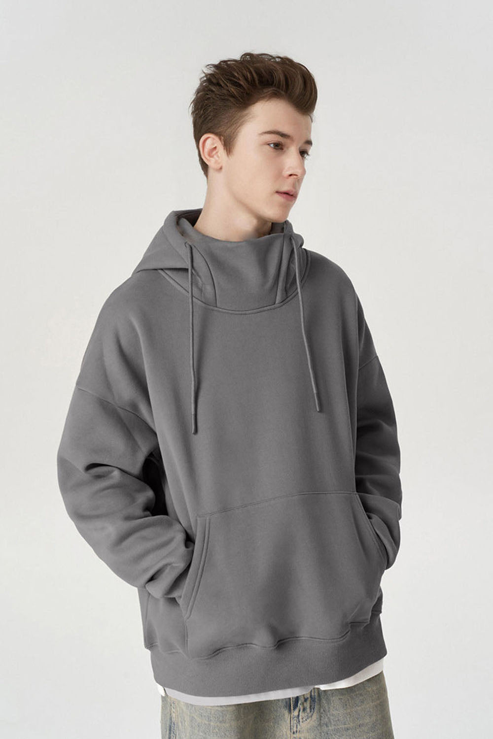350G Plush Windproof Collar Hooded Sweatshirt with Semi-High Neck