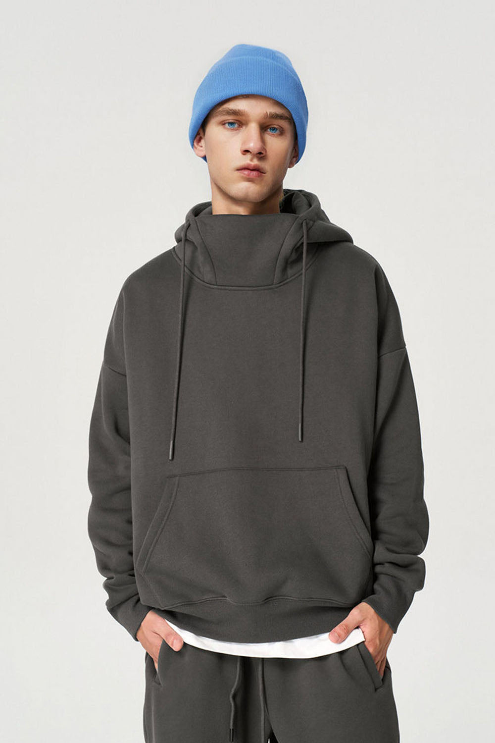 350G Plush Windproof Collar Hooded Sweatshirt with Semi-High Neck
