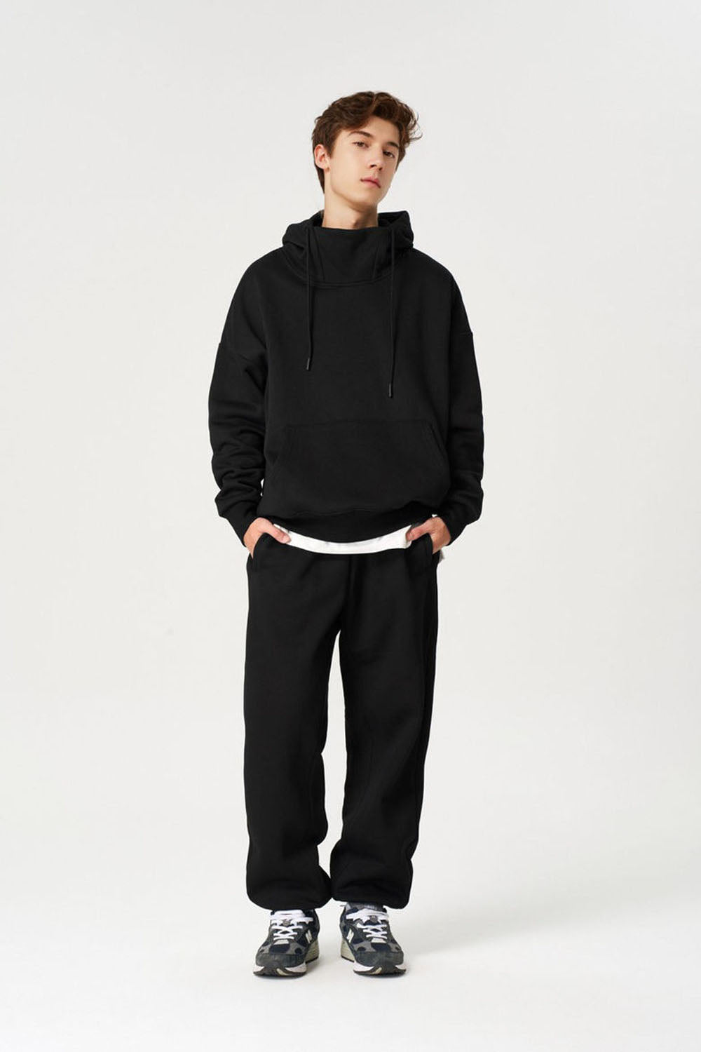 350G Plush Windproof Collar Hooded Sweatshirt with Semi-High Neck