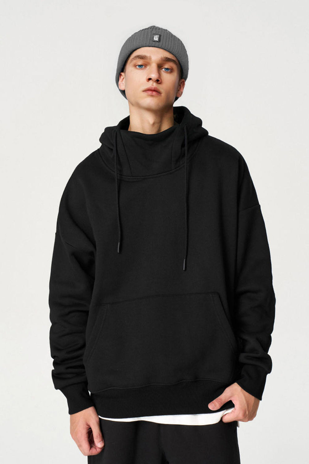 350G Plush Windproof Collar Hooded Sweatshirt with Semi-High Neck