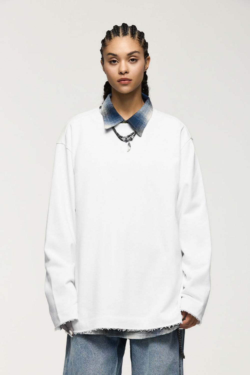 370G Frayed Edge Semi-Turtleneck Sweatshirt in a Loose Streetwear Style