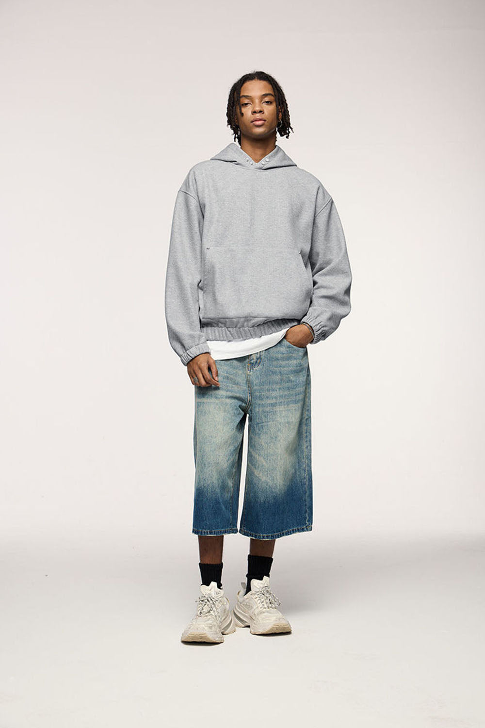 450g Rivet Fleece Hooded Sweatshirt Short Loose Top