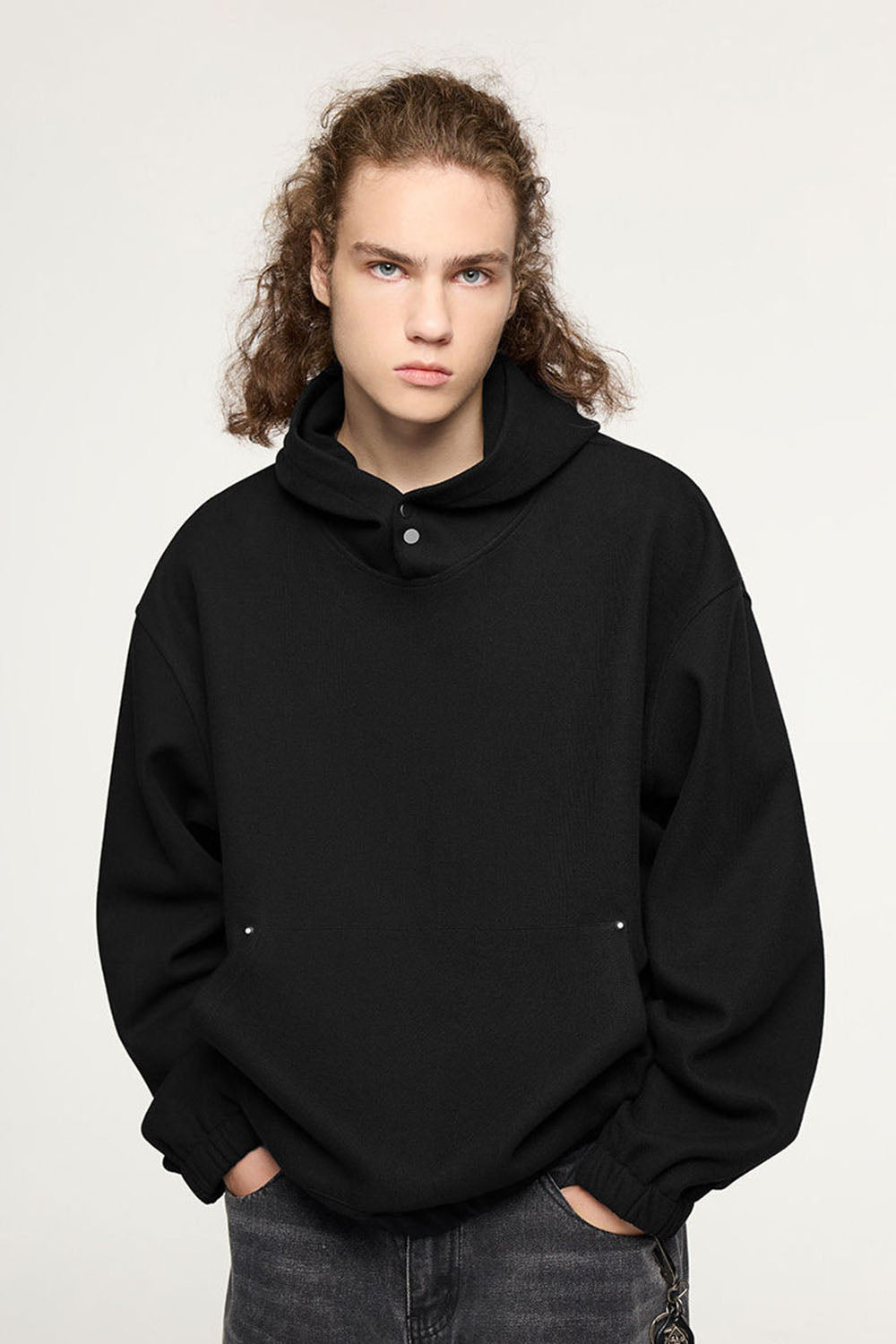 450g Rivet Fleece Hooded Sweatshirt Short Loose Top