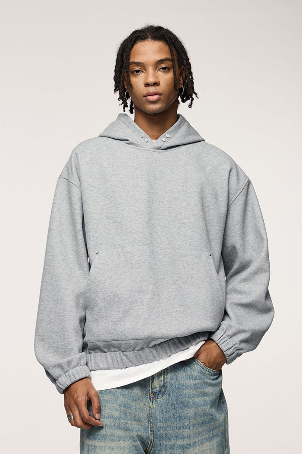 450g Rivet Fleece Hooded Sweatshirt Short Loose Top