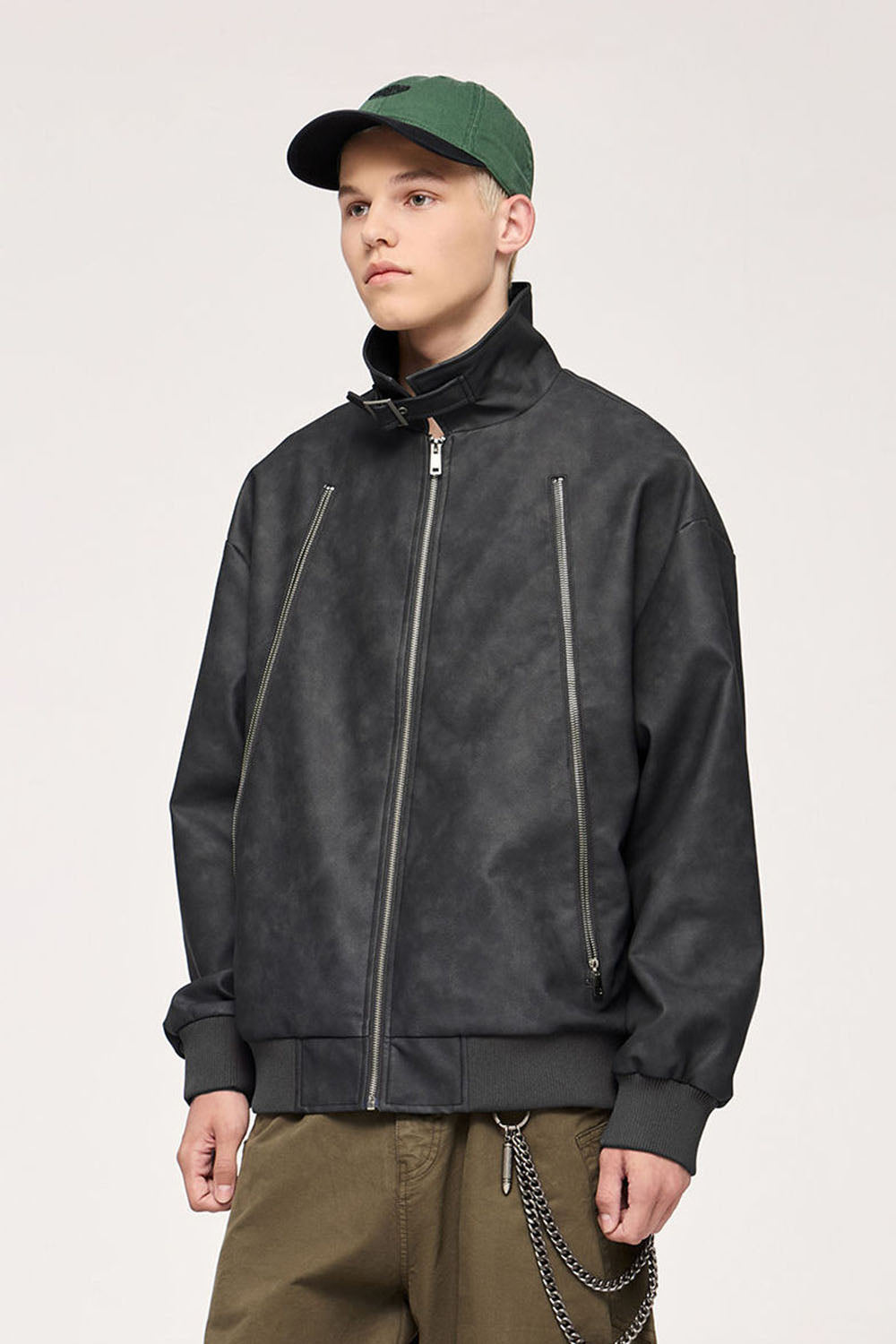 Dual-Zip Washed PU Leather Jacket: Urban Streetwear Collection