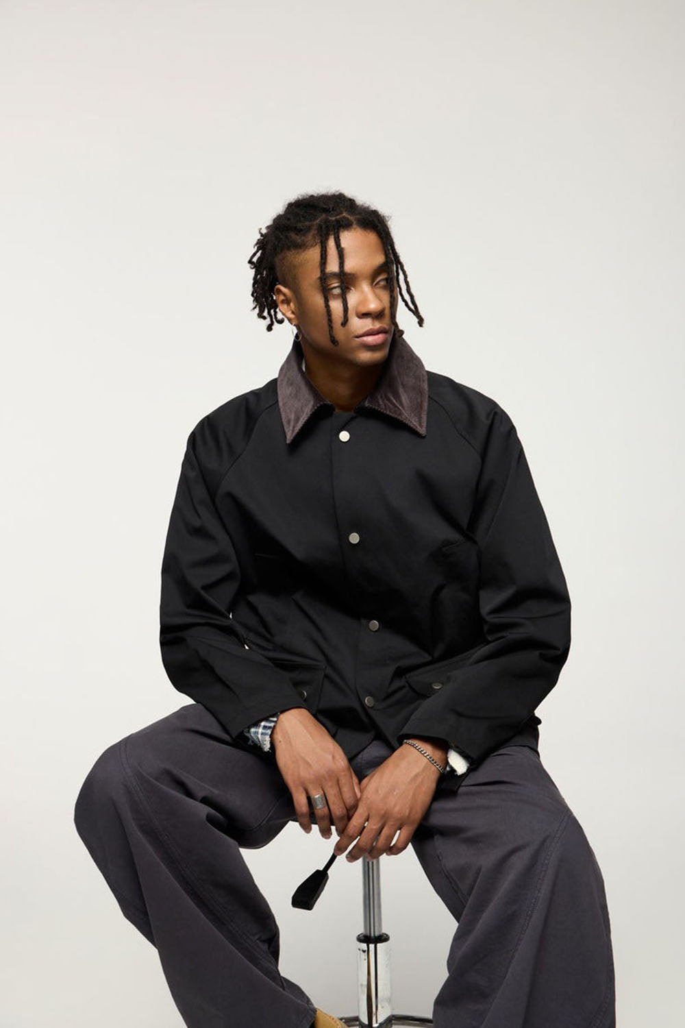 Elastic Wrinkle-Resistant Safari Jacket: Vintage Workwear with Fold-Over Collar