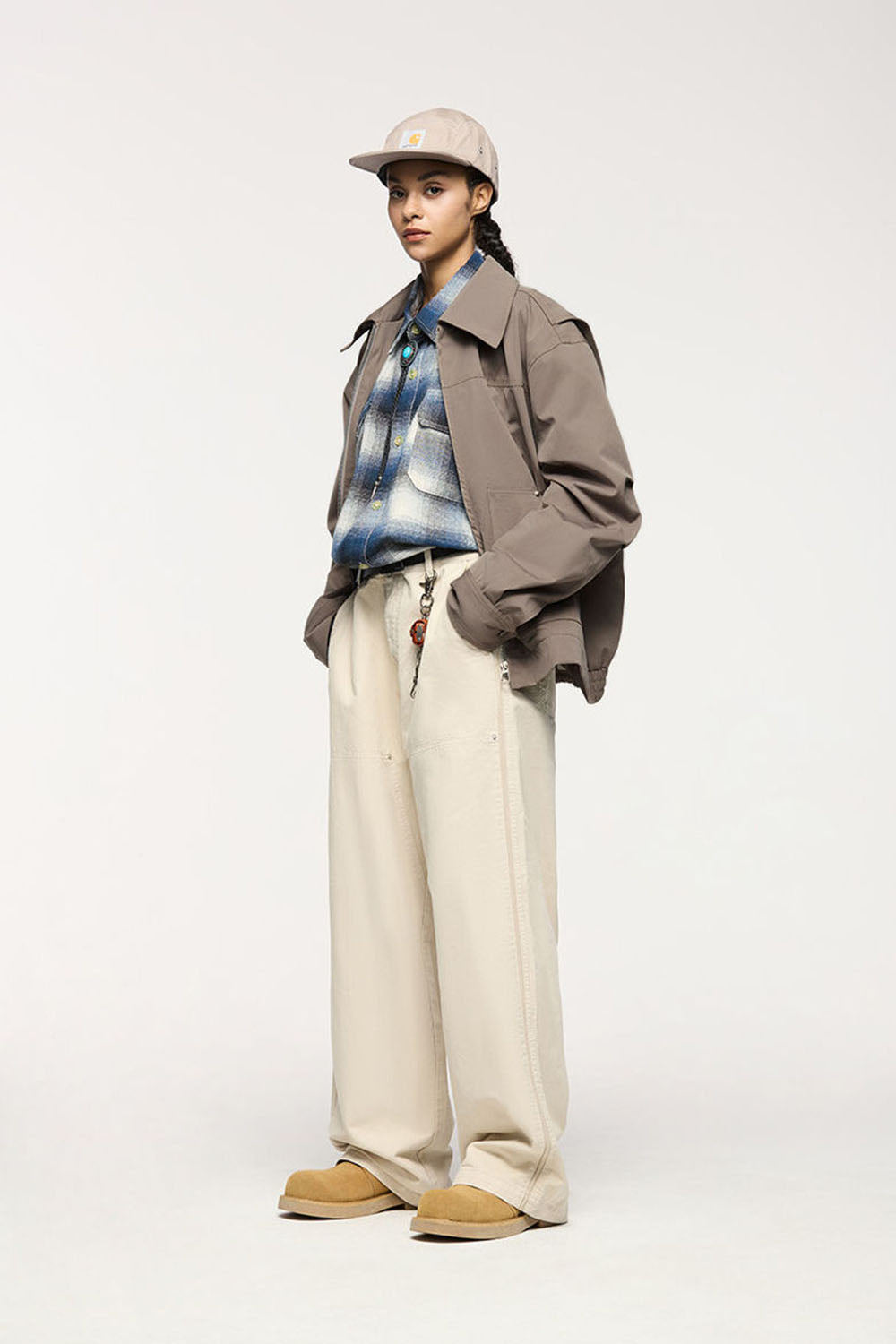 Elastic Rivet Utility Cropped Jacket: Vintage Collared Lumberjack Workwear
