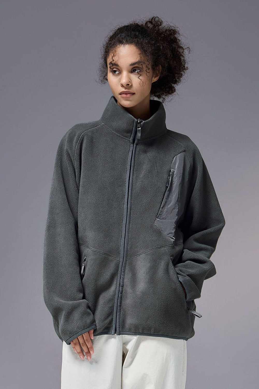 Fleece-Lined Stand Collar Jacket with Loose Casual Fit