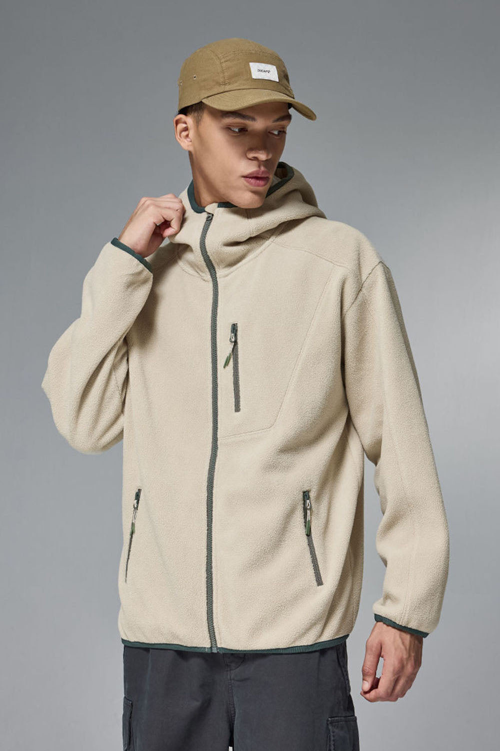Color-Block Fleece Windproof Jacket with Stand Collar and Hood