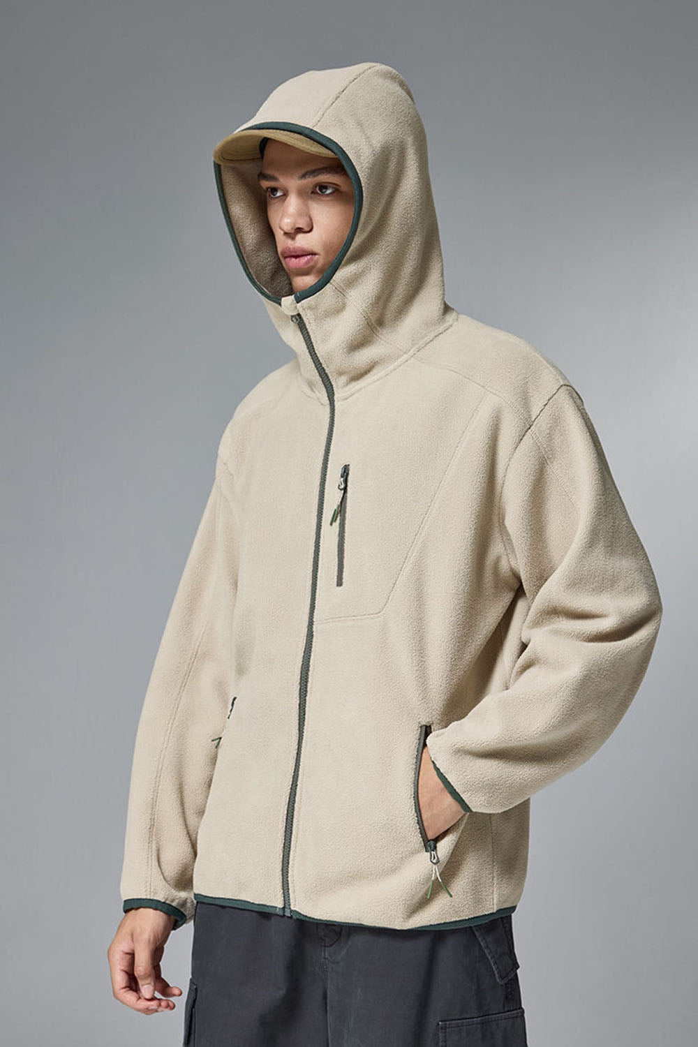 Color-Block Fleece Windproof Jacket with Stand Collar and Hood
