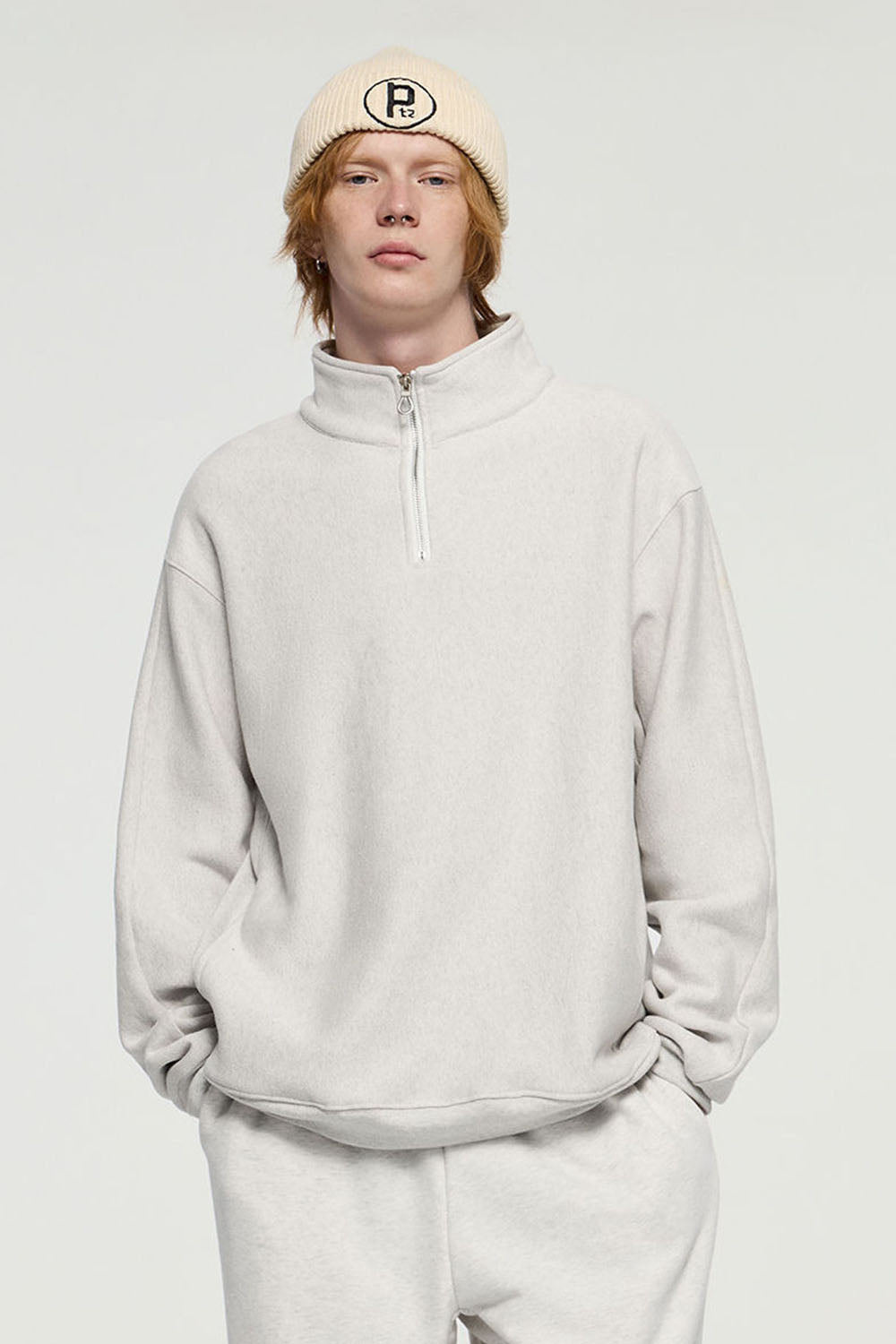 Horizontal Knit Half-Zip Fleece Sweatshirt with Stand Collar and Loose Fit