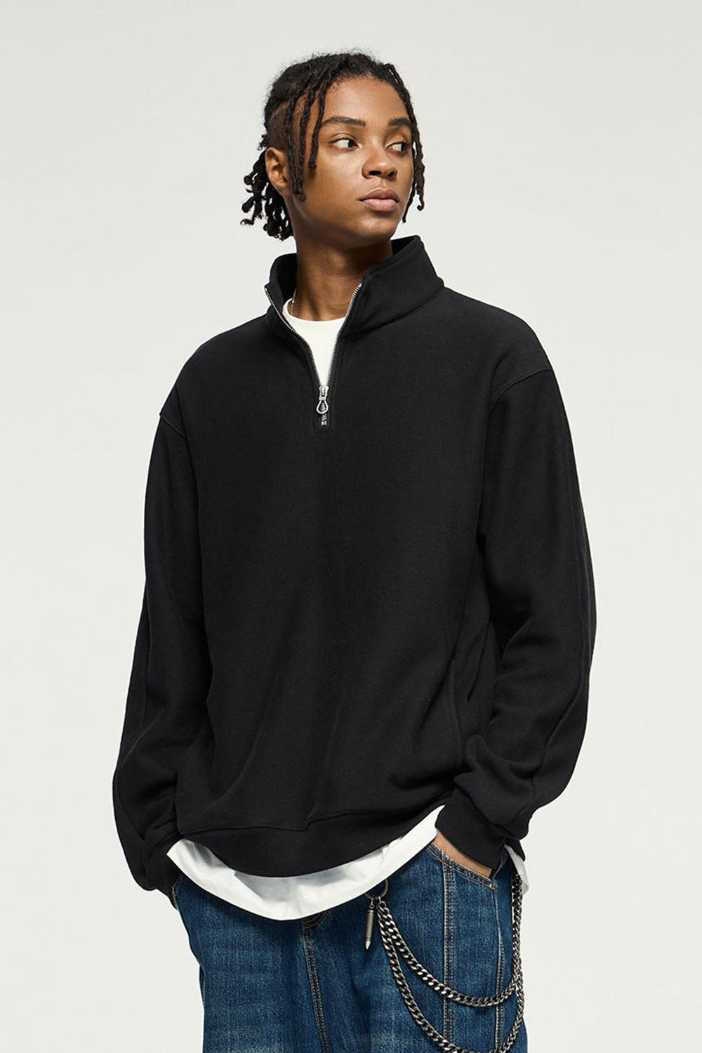 Horizontal Knit Half-Zip Fleece Sweatshirt with Stand Collar and Loose Fit
