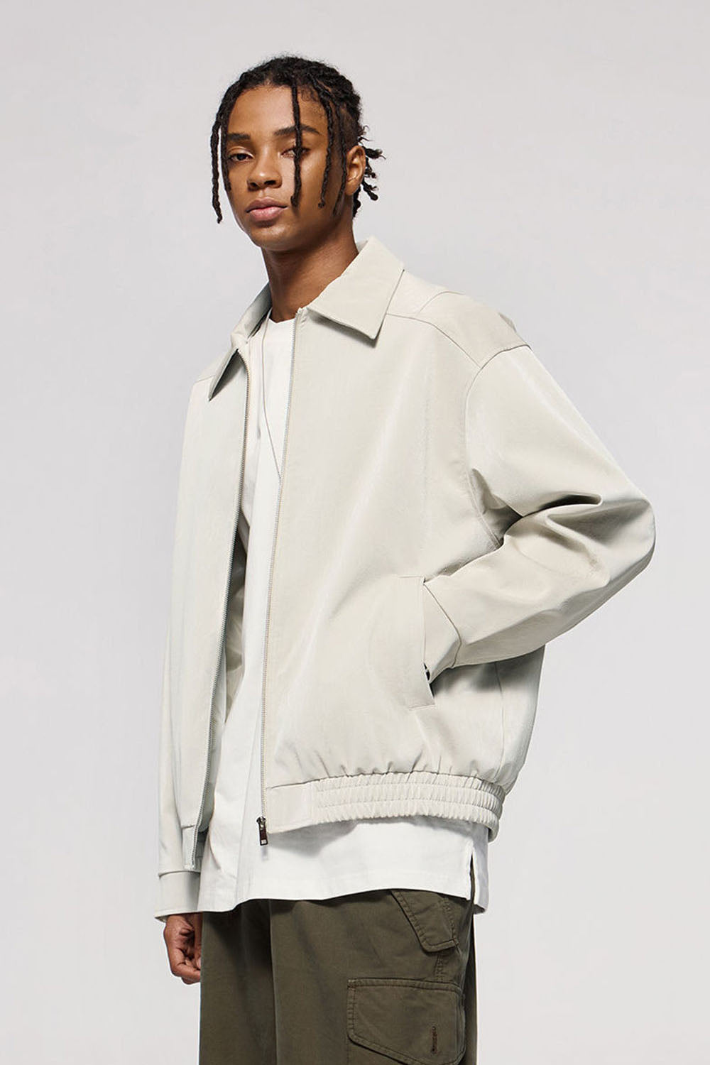 Wrinkled Leather Zip-Up Jacket with Vintage Workwear Design