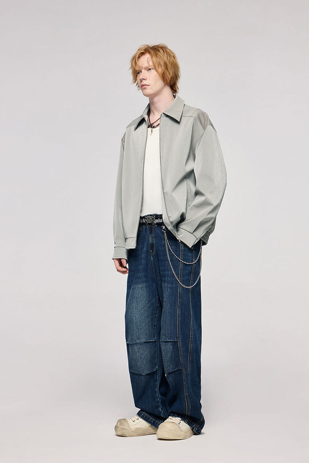 Wrinkled Leather Zip-Up Jacket with Vintage Workwear Design