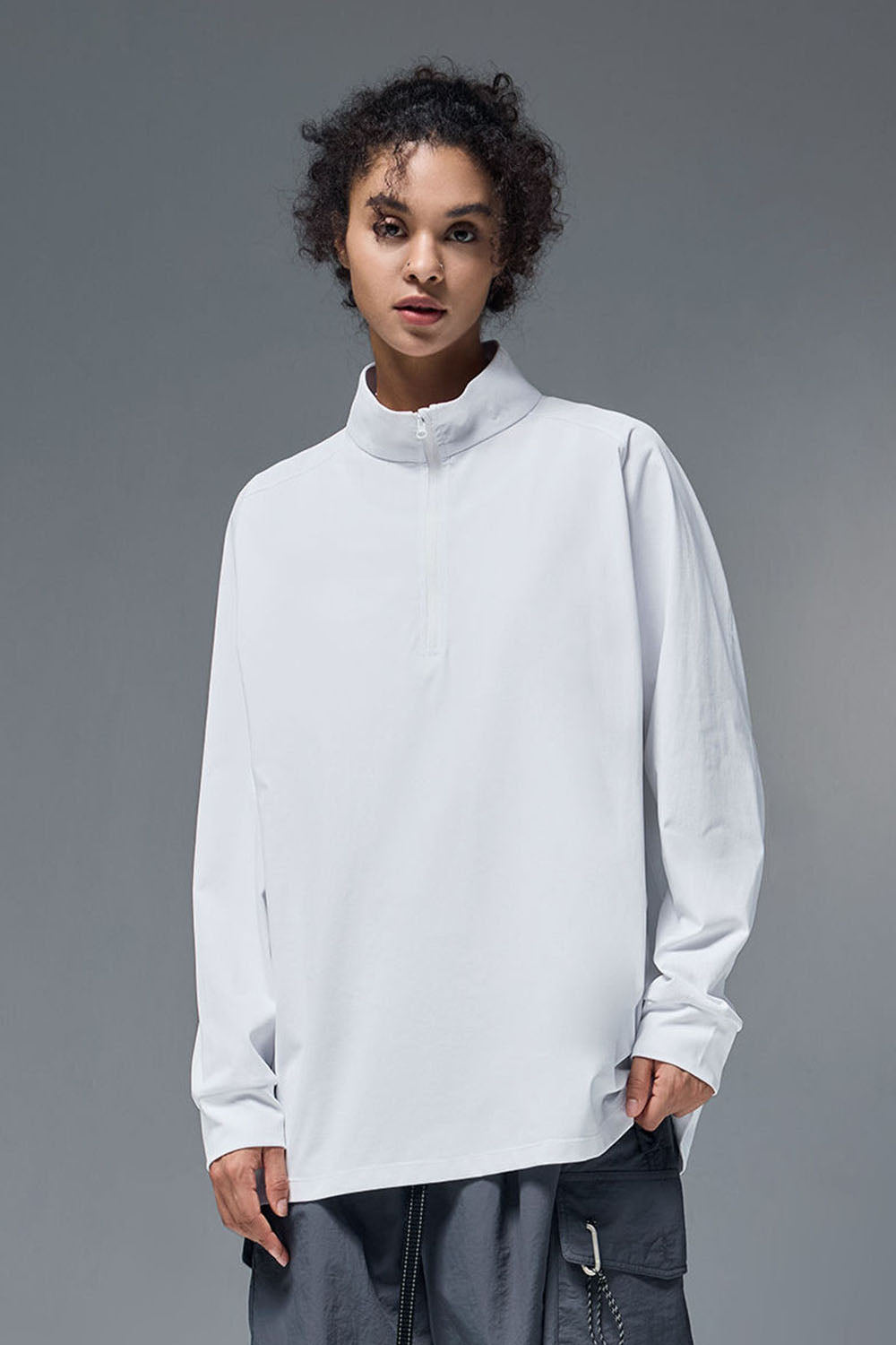 Quick-Dry Solid Color Long Sleeve T-Shirt with Half-Zip Stand Collar for Outdoor Cycling and Sports