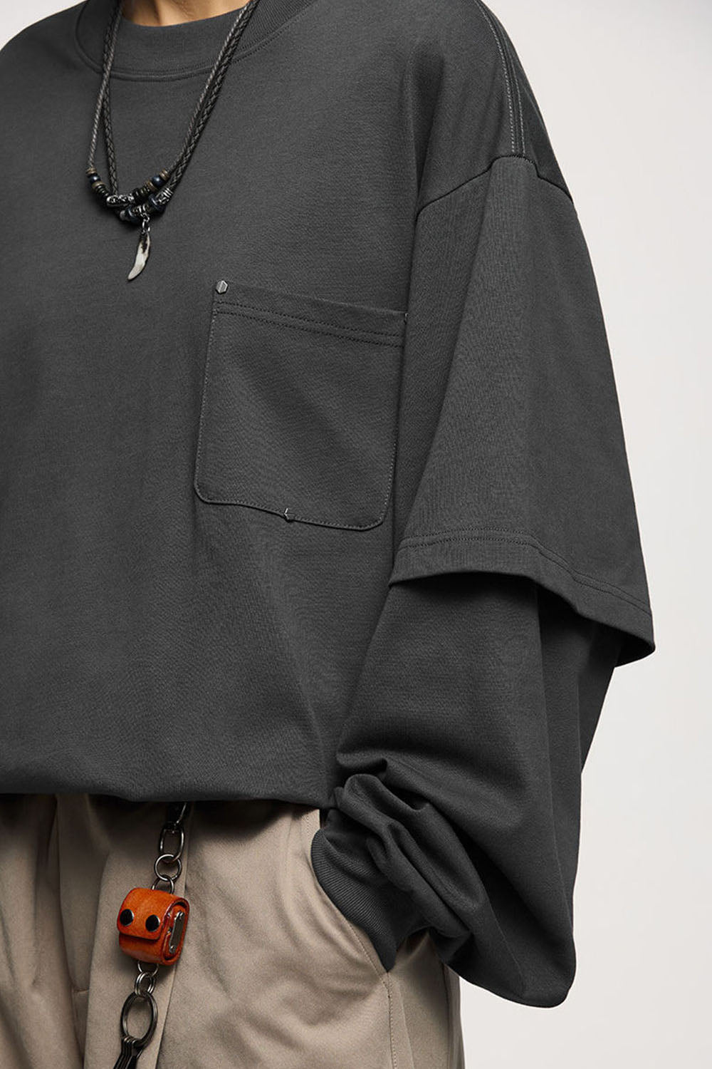 Heavyweight 265g Two-Layer Long Sleeve T-Shirt with Screw Rivet Pocket