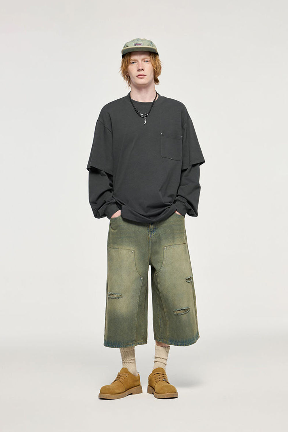 Heavyweight 265g Two-Layer Long Sleeve T-Shirt with Screw Rivet Pocket