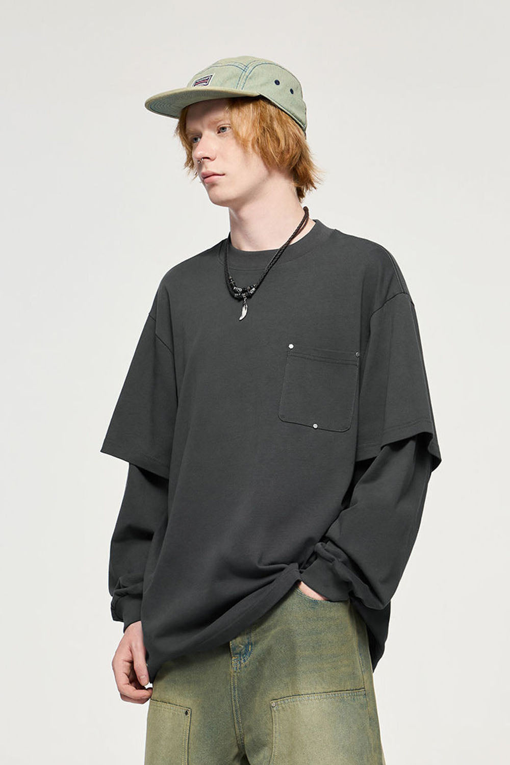 Heavyweight 265g Two-Layer Long Sleeve T-Shirt with Screw Rivet Pocket