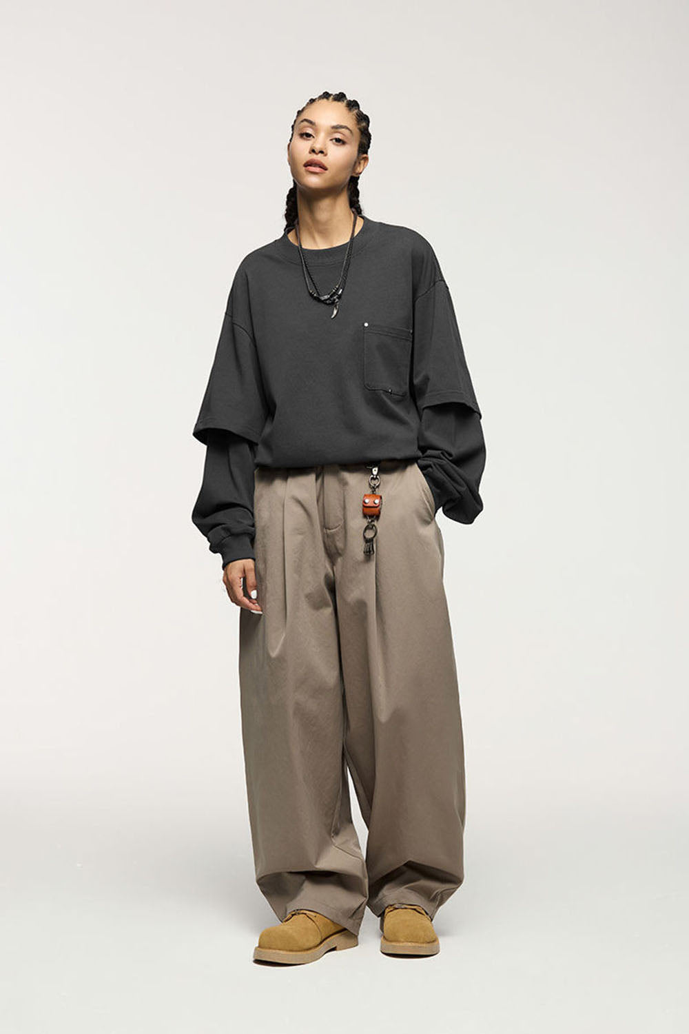 Heavyweight 265g Two-Layer Long Sleeve T-Shirt with Screw Rivet Pocket