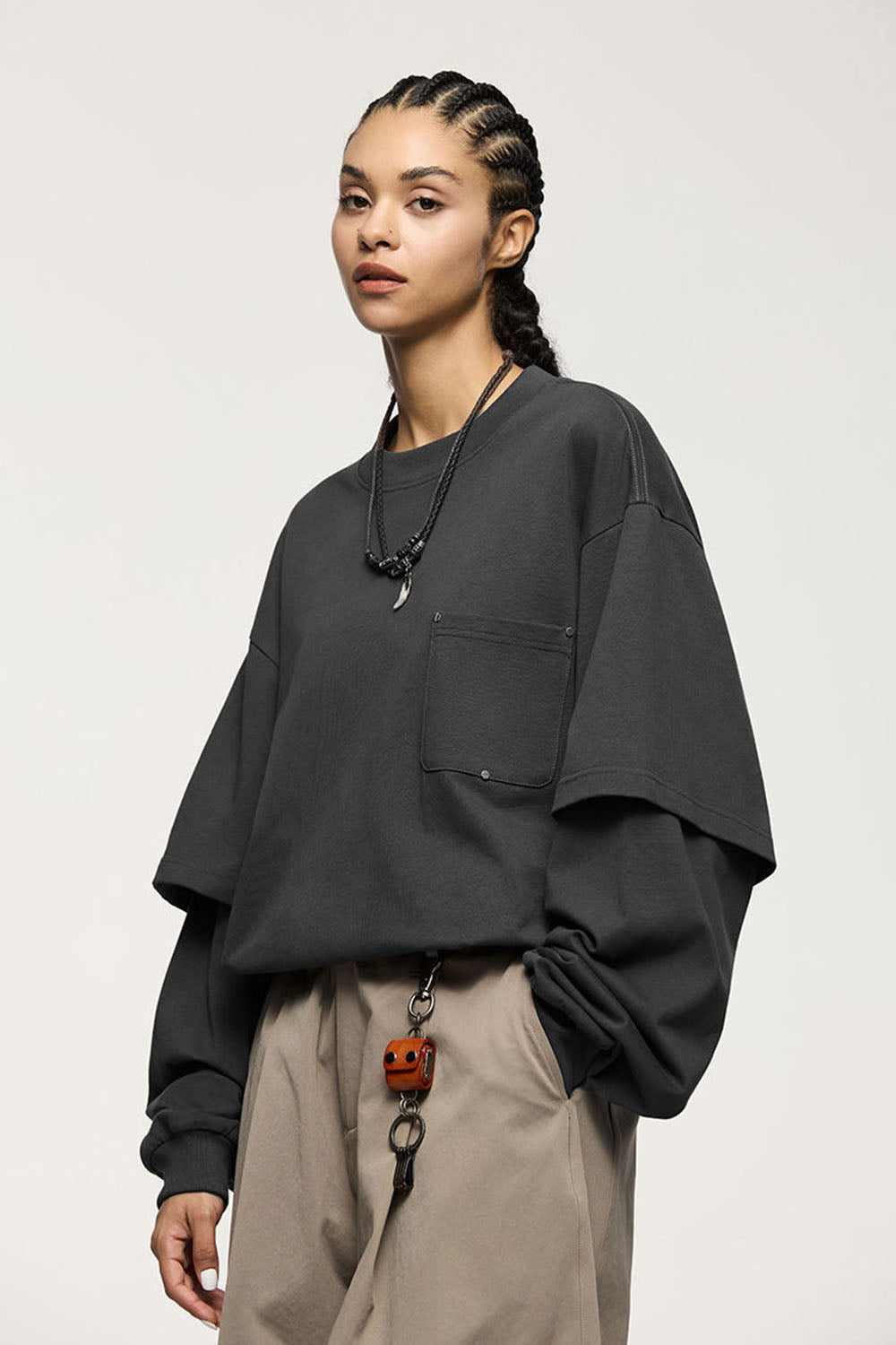 Heavyweight 265g Two-Layer Long Sleeve T-Shirt with Screw Rivet Pocket