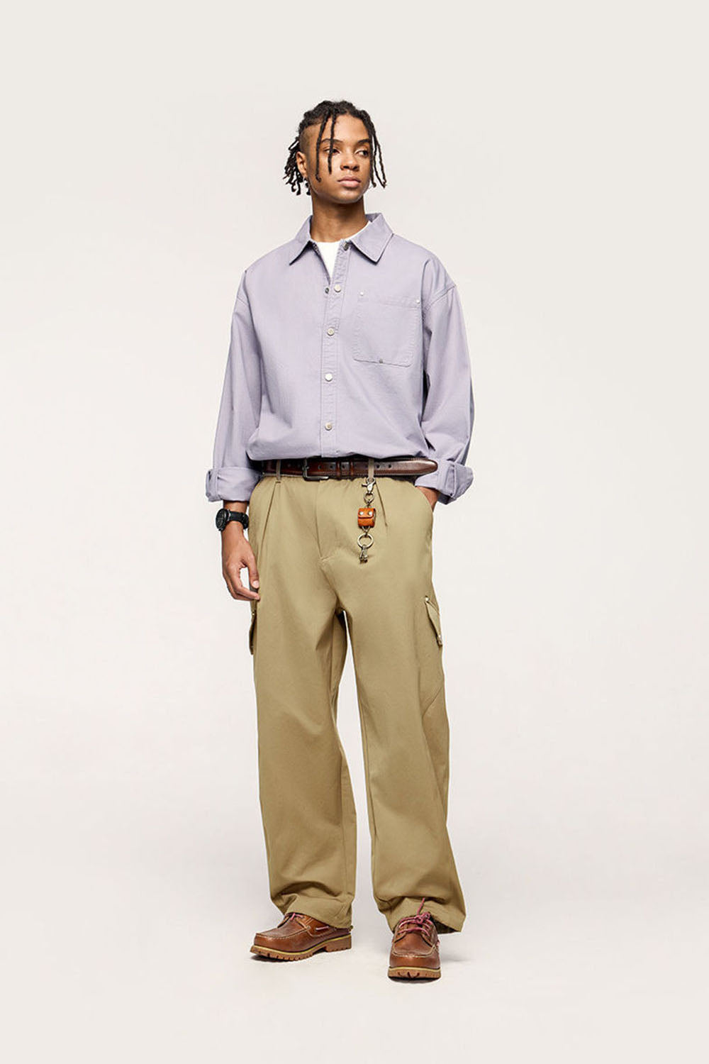 Rivet Faux Pocket Elastic Utility Pants with Wrinkle-Resistant Wide-Leg Design