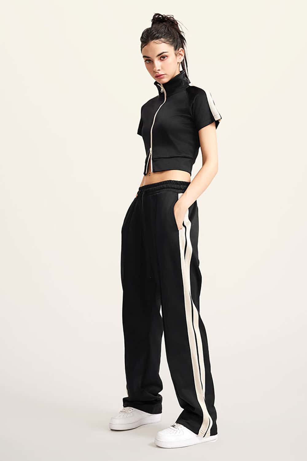 Sporty Dual Zipper Crop Top with Mock Neck - Contrast Design