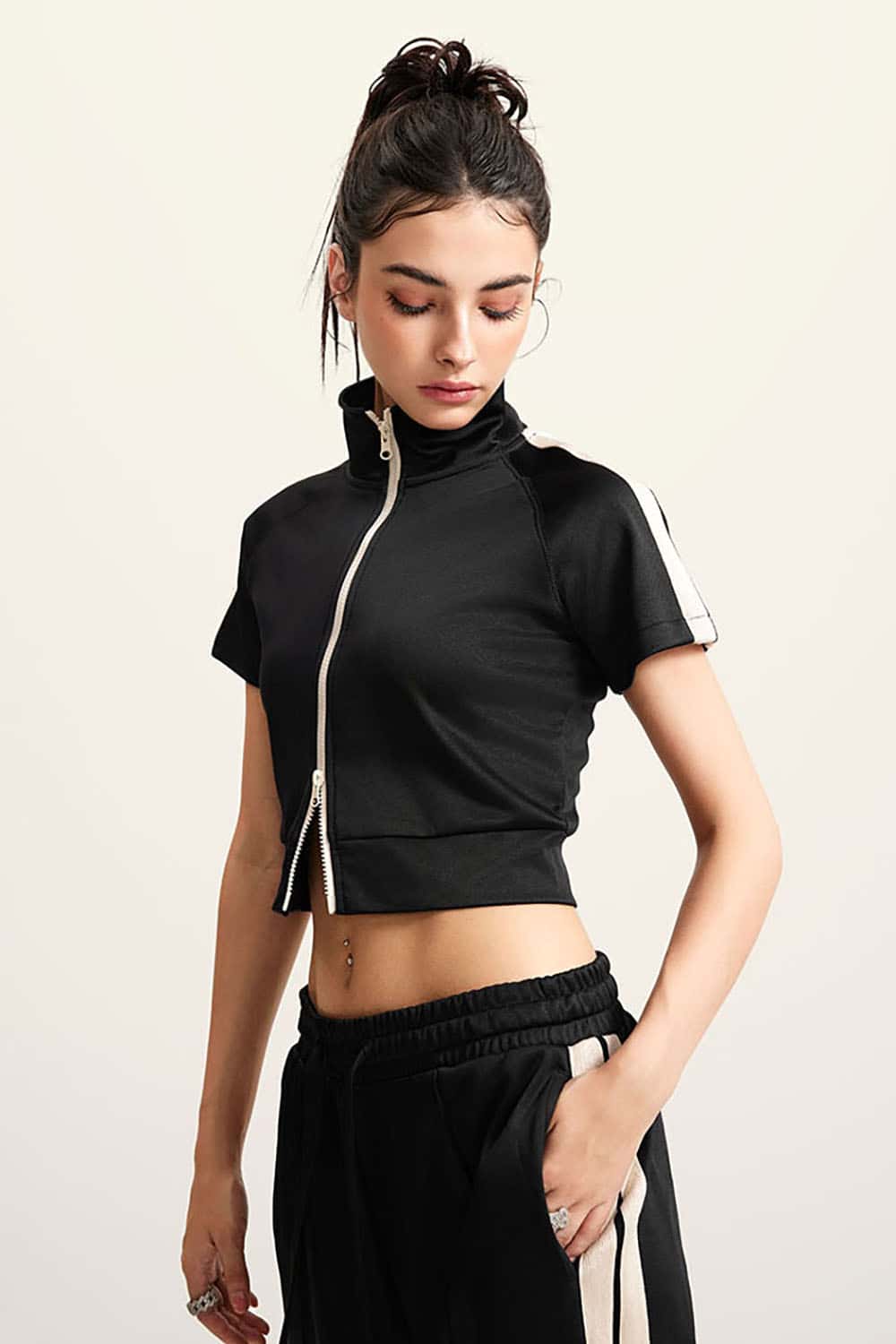 Sporty Dual Zipper Crop Top with Mock Neck - Contrast Design