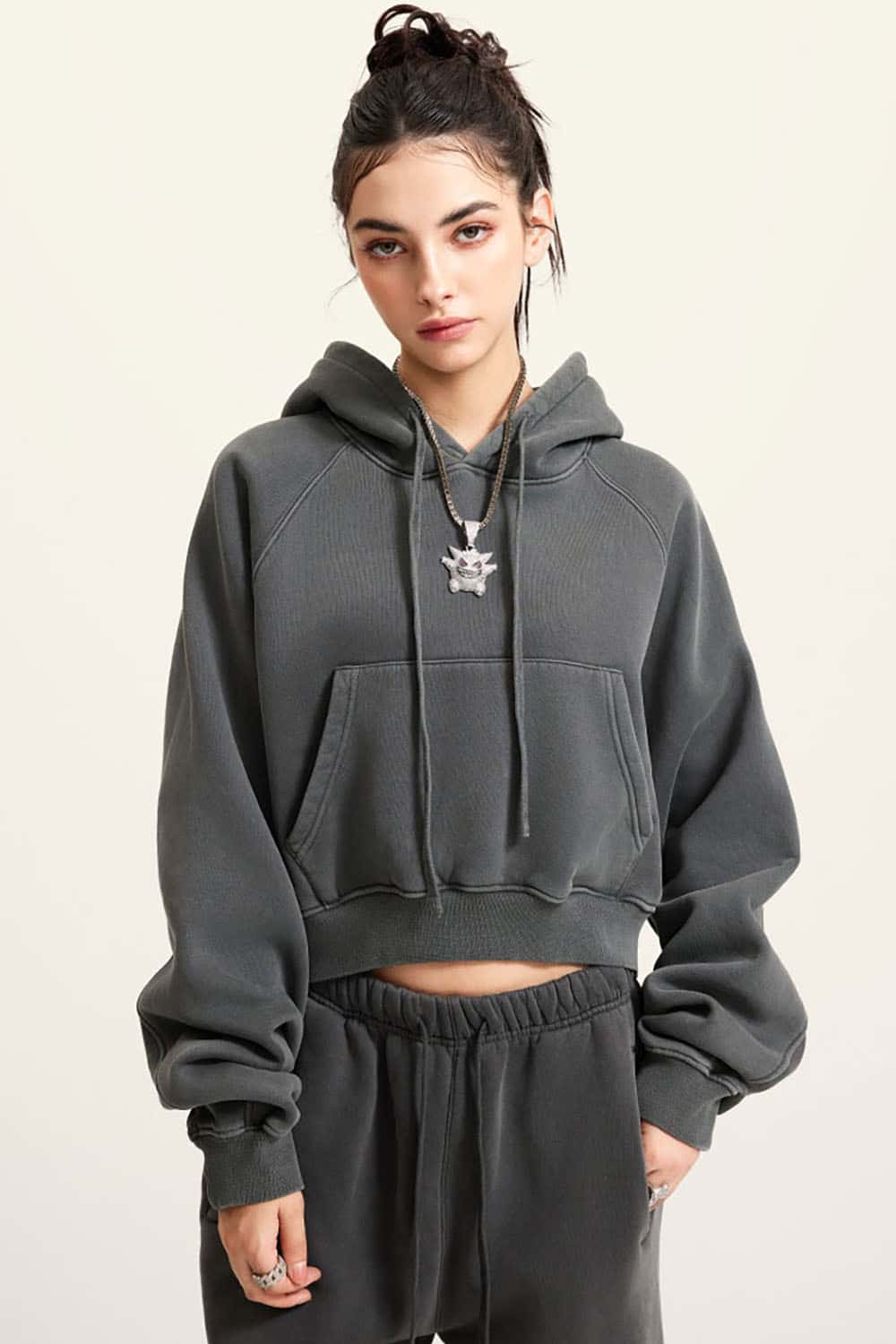 Vintage Washed Fleece-Lined Cropped Hoodie with Drop Shoulder Design