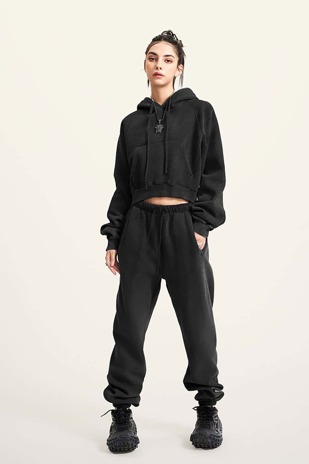 Vintage Washed Fleece-Lined Cropped Hoodie with Drop Shoulder Design